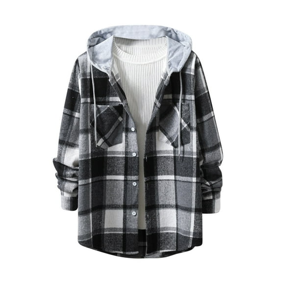 Leesechin Flannel Jackets for Men Plaid Shirt Loose Youth Shirt Long Sleeve Hooded Casual Outwear & Jackets