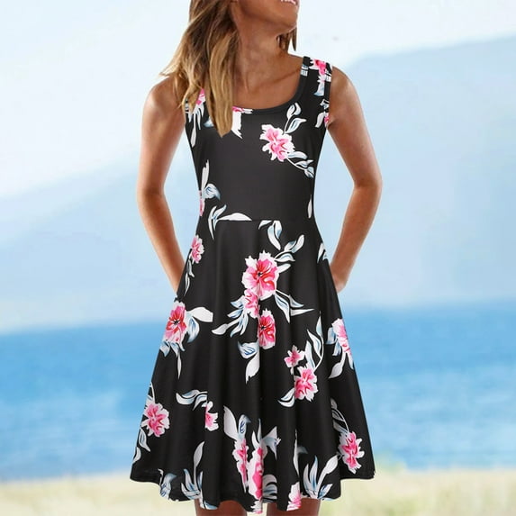 Leesechin Frocks for Women Ladies Elegant Sleeveless Dress O-neck Flower Print Knee-Length Beach Dress
