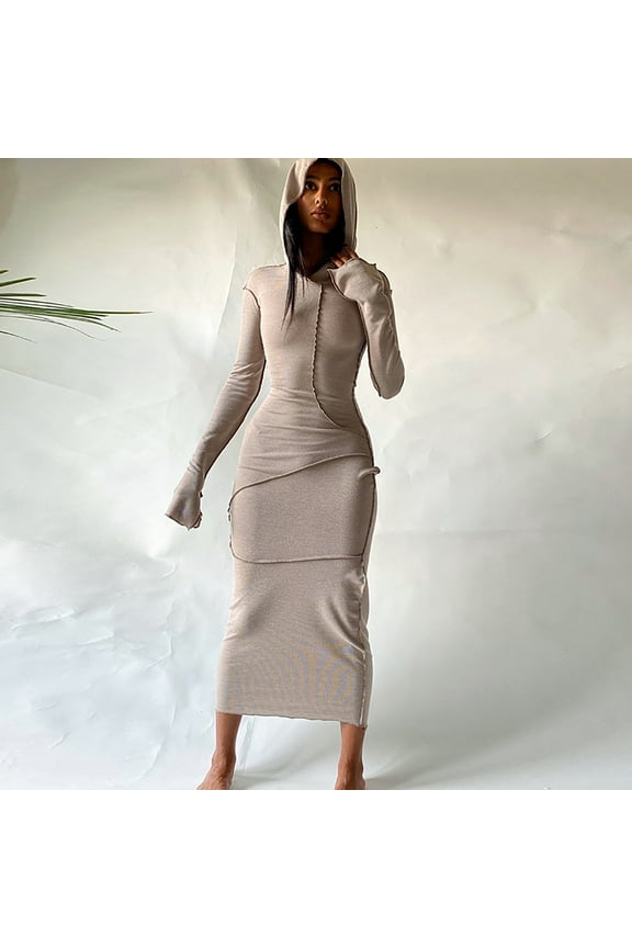 Frocks for Women Ladies Summer Party Club Solid Hooded Long Sleeve Long Dress Tight Party Club Dress
