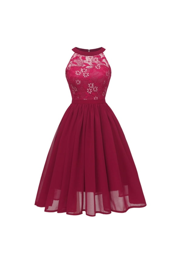 Leesechin Frocks for Women Ladies Vintage Princess Floral Lace Cocktail Neckline Party Aline Swing Dress