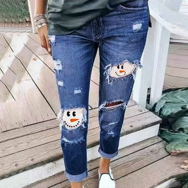 Leesechin Jeans for Women Clearance Jeans Snowman Print Ripped Jeans Plus Size Trousers