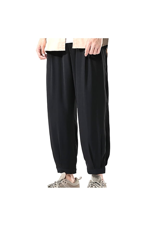 Jogger Pants for Men Casual Thin Solid Folk-custom Straight-leg Wide-leg Ankle-Length Pants Black L