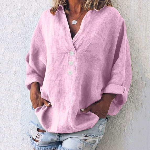 Leesechin Juniors T Shirts Solid Color Tops Long Sleeved Loose Cotton and Linen Shirt Women's V-Neck Tops in