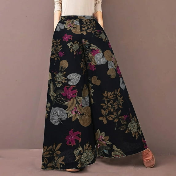 Leesechin Khaki Pants for Women Casual Floral Printed Bandage Elasty Maxi Wide Leg Trousers