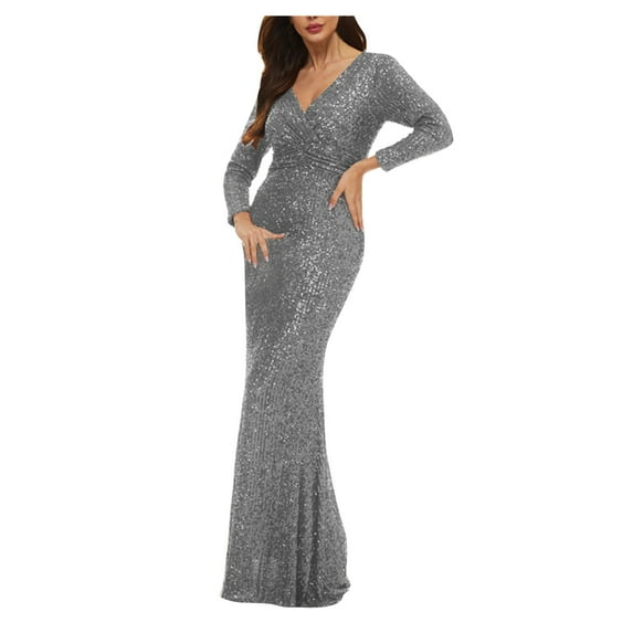 Leesechin Ladies Formal Dresses Solid Color Medium Sleeved V-neck Buttocks Wrapped Slim Fit Wrap Hip Cocktail Dress Long Skirt
