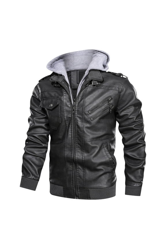 Leather Jacket Men's Slim Hooded Jacket Plush Thickened Leather Jacket