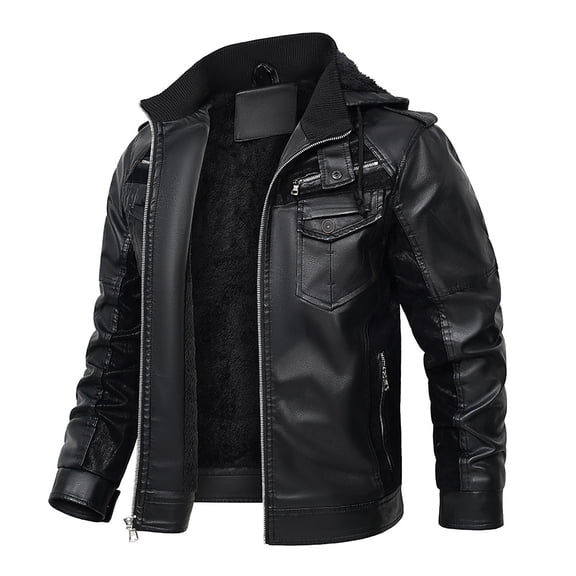 Leesechin Leather Jacket Men's Slim Hooded Jacket Plush Thickened Leather Jacket