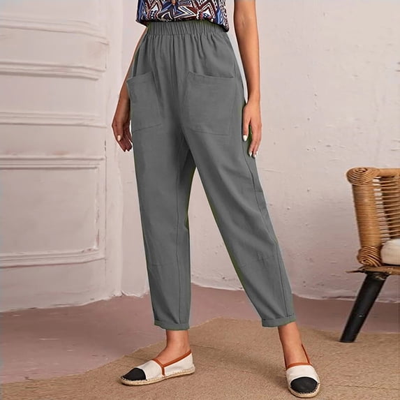 Leesechin Linen Pants for Women Ladies Trendy Elastic Waist Casual Pure Color Straight Leg Cotton Linen Cropped Pocket Trousers