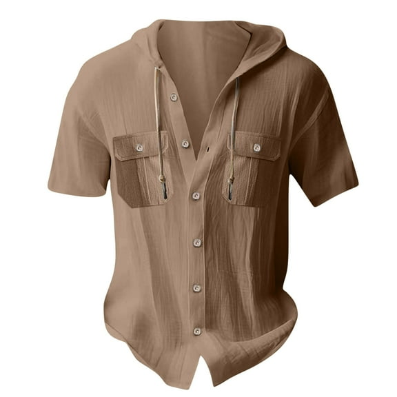 Leesechin Linen Shirts for Men Lightweight Button Up Long Sleeve Shirts with Hood Loose Fit Breathable Boho Beach Linen Hoodie