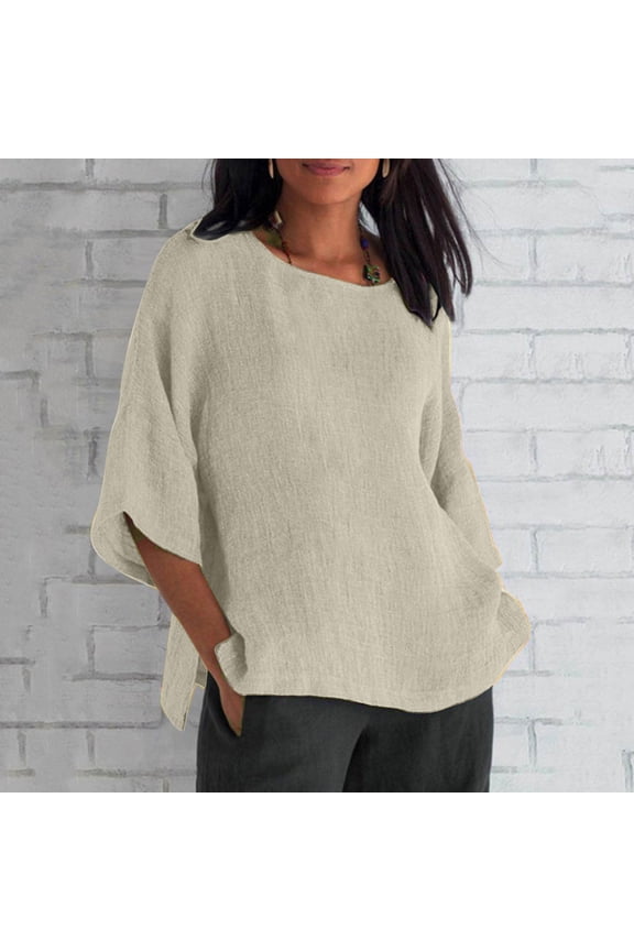 Linen Shirts for Women 3/4 Sleeve Plus Size Tops Loose Crew Neck T Shirts Casual Three Quarter Length Tunic Tops Beige