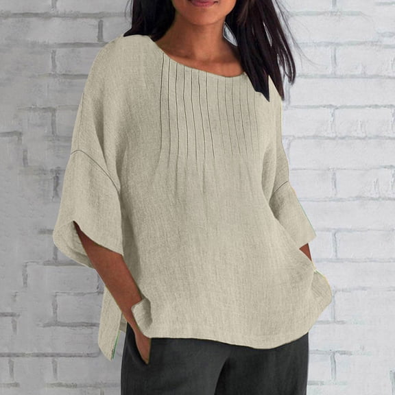 Leesechin Linen Shirts for Women 3/4 Sleeve Plus Size Tops Loose Crew Neck T Shirts Casual Three Quarter Length Tunic Tops