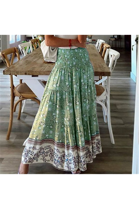 Leesechin Long Skirts for Women Plus Size Comfortable Daily High Waist Print Retro Dress