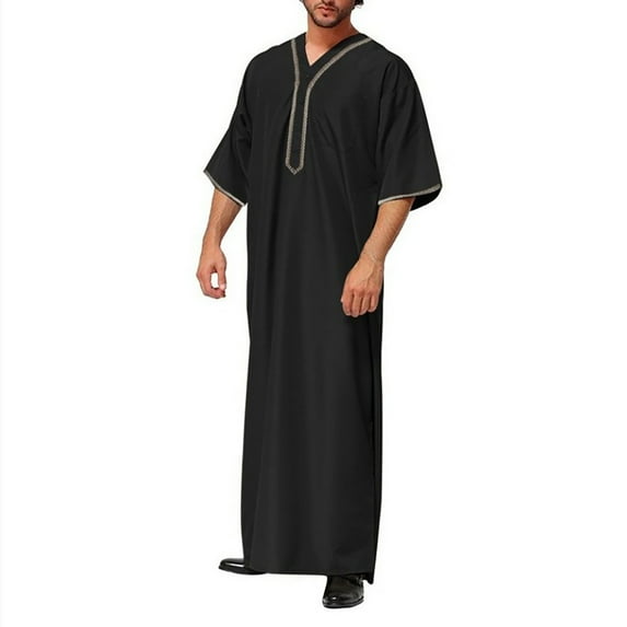 Leesechin Long Sleeve Shirts for Men Muslim Robe Set Arab Middle Robe Standing Neck Pocket Button Casual Robe 3X Black
