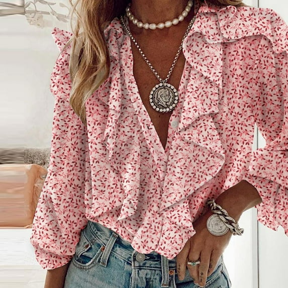 Leesechin Long Sleeve Shirts for Women Plus Size Solid Long Sleeve Ruffle V-Neck Shirt Blouse Tops
