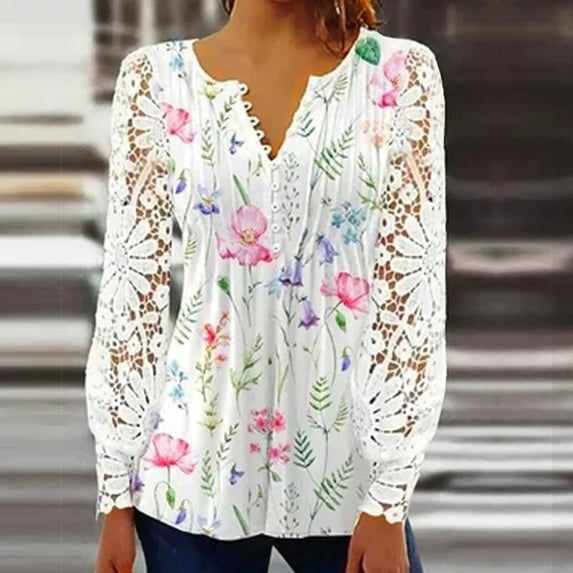 Leesechin Long Sleeve Shirts for Women Summer Printing V-Neck Button Top Temperament Slim Fit Lace Long Sleeve Lapel Shirt in