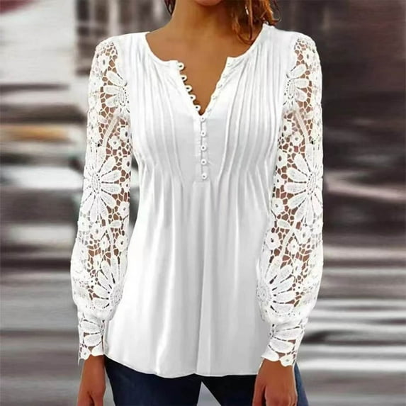 Leesechin Long Sleeve Shirts for Women Summer Solid Color V-Neck Button Top Temperament Slim Fit Lace Long Sleeve Lapel Shirt