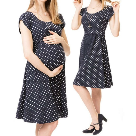 Leesechin Maternity Dress Ladies Multifunctional Mom Wear Nursing Clothes Polka Dots Round Neck Short Sleeve Dress