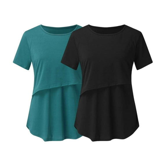 Leesechin Maternity Shirts Pregnant Womens Nursing Solid Color Round Neck Short Sleeve Round Neck Breastfeeding Blouse