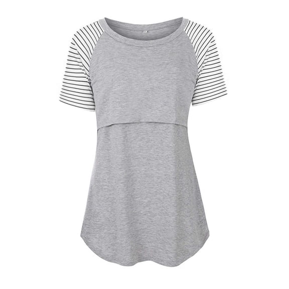 Leesechin Maternity Shirts Womens Nursing Round Neck Stripe Short Sleeve Round Neck Breastfeeding Blouse