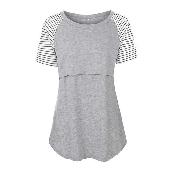 Leesechin Maternity Shirts Womens Nursing Round Neck Stripe Short Sleeve Round Neck Breastfeeding Blouse