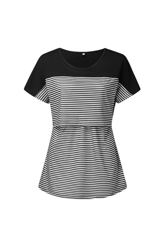 Maternity Shirts Womens Nursing Stripe Round Neck Short Sleeve Round Neck Breastfeeding Blouse