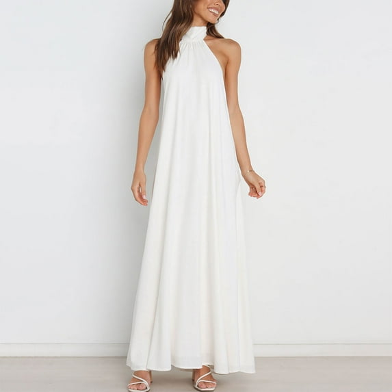 Leesechin Maxi Dresses for Women Ladies Plus Size Cross Halter Neck Sleeveless Solid Color Cut Out Backless Flowy A Line Maxi Dress