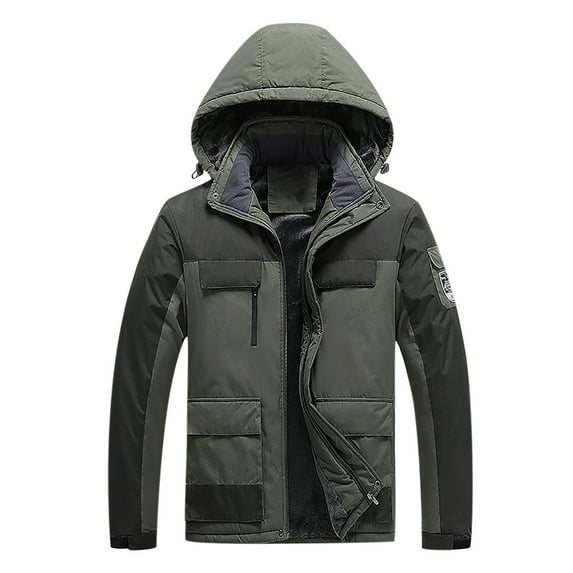 Leesechin Men Casual Patchwork Thicken Multi Pocket Hooded Zipper Windproof Breathable Jacket