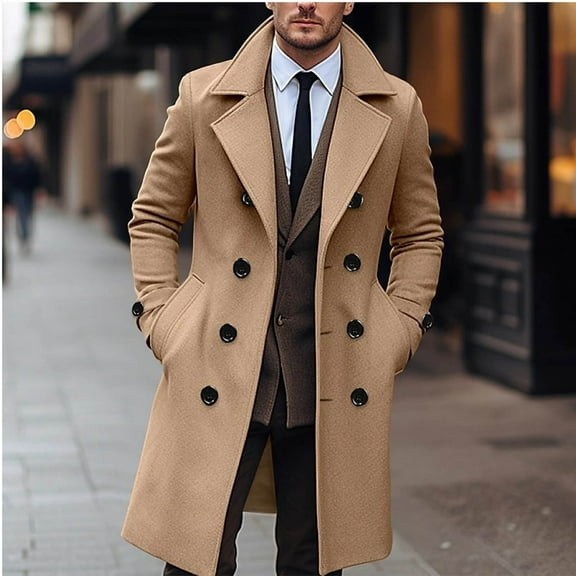 Leesechin Men Long Trench Coats Mens Peacoat Casual Button Solid Long Sleeve Pockets Turn Down Collar Outerwear Coat
