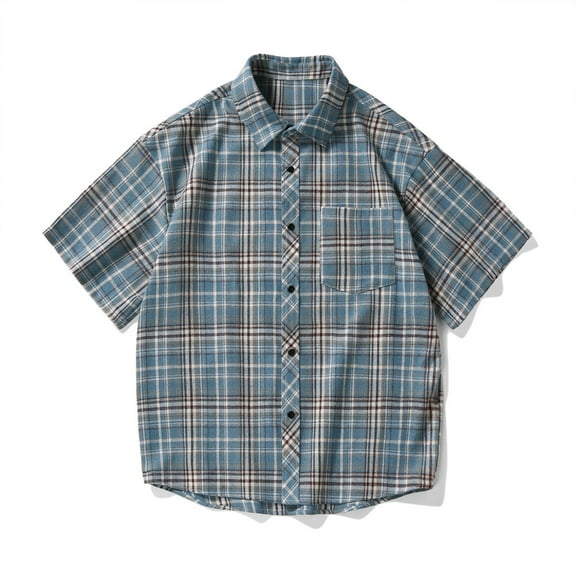 Leesechin Men Summer Plaid Button Shirt: Short Sleeve Casual Collar Clothing with Pocket