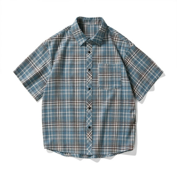 Leesechin Men Summer Plaid Button Shirt: Short Sleeve Casual Collar Clothing with Pocket