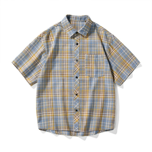 Leesechin Men Summer Plaid Button Shirt: Short Sleeve Casual Collar Clothing with Pocket