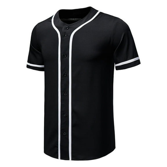 Leesechin Men's Baseball Jersey Sports Softball Shirt Short Sleeve Club Casual Wear Fashion Button V-Neck Wide Stripe Black 2XL