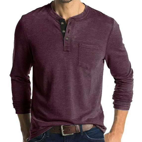 Leesechin Men's Big and Tall Pullover Button Long Sleeve Bottoming Shirt Round Neck T-Shirt Top