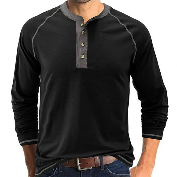 Leesechin Men's Big and Tall Pullover Button Long Sleeve Bottoming Shirt Round Neck T-Shirt Top