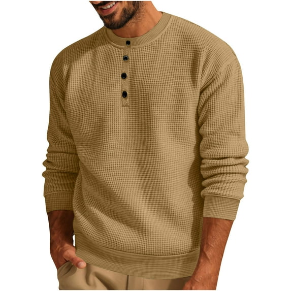 Leesechin Men's Big and Tall Pullover Button Long Sleeve Knitted Waffle Bottoming Shirt Round Neck T-Shirt Top