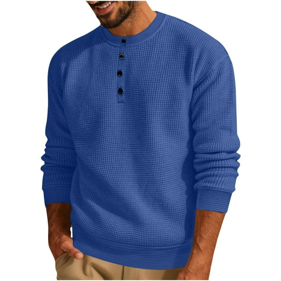 Leesechin Men's Big and Tall Pullover Button Long Sleeve Knitted Waffle Bottoming Shirt Round Neck T-Shirt Top