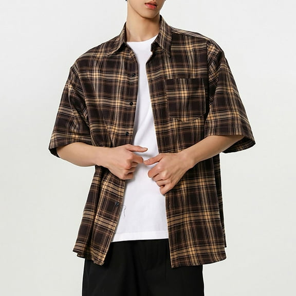 Leesechin Men's Casual Button-Down Flannel Plaid Cotton Shirt Loose Cozy Lapel Short Sleeve Shacket Jacket Overcoat