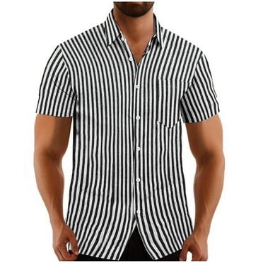 Leesechin Men's Casual Long Short Sleeve Button-Down Shirts Striped Cotton Dress Shirt with Pocket