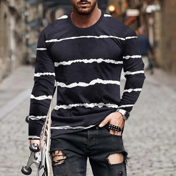 Leesechin Men's Casual Striped Shirts Crewneck Long Sleeve Basic T-Shirt Basic Daily Work Stripe Tee Tops