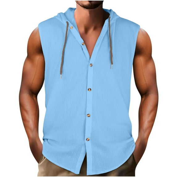 Leesechin Men's Cotton Linen Hoodies Casual Button Down Sleeveless Hooded Tank Top Beach Hippie T shirt