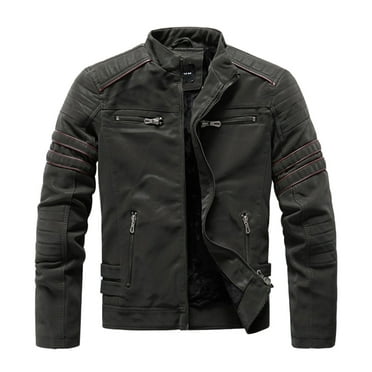 Leesechin Men's Dashion Motorcycle Solid Color Retro Zipper Pocket Leather Long Sleeved Hooded Jacket