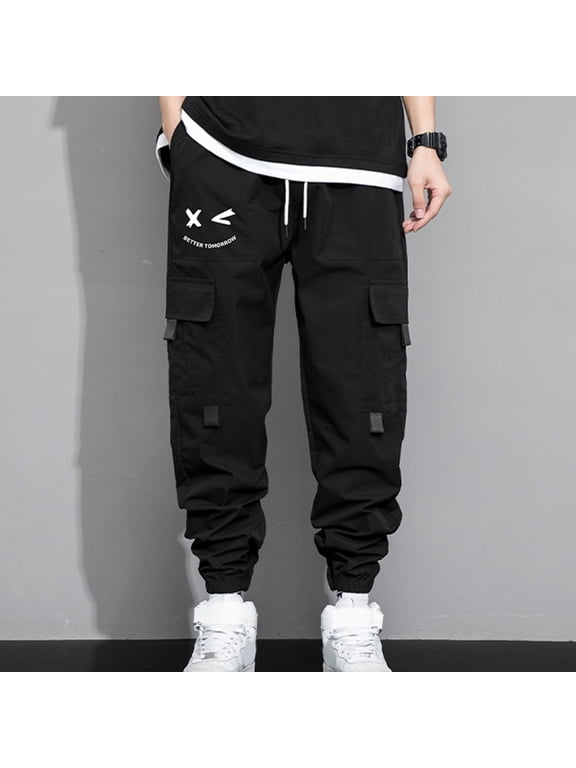 Men's Drawstring Techwear Cargo Pants with Flap Pockets - Athletic and Elastic Joggers, Casual Trousers and Sweatpants