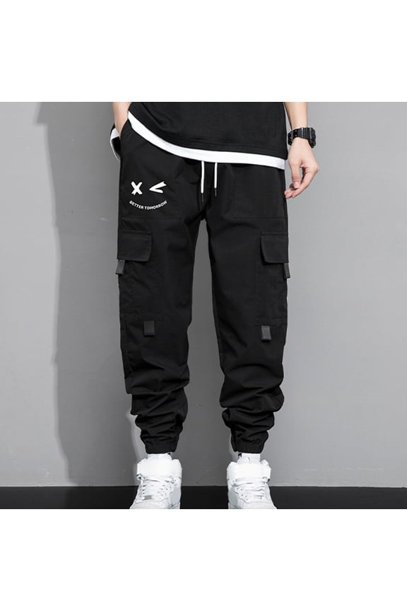 Men's Drawstring Techwear Cargo Pants with Flap Pockets - Athletic and Elastic Joggers, Casual Trousers and Sweatpants