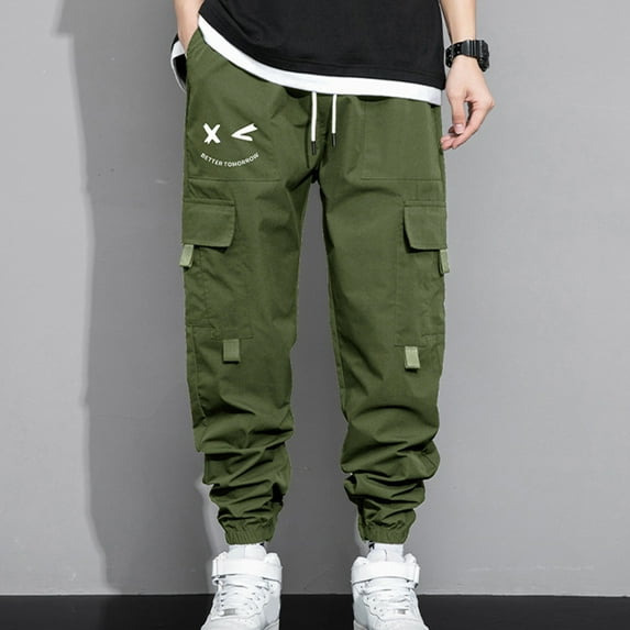Leesechin Men's Drawstring Techwear Cargo Pants with Flap Pockets - Athletic and Elastic Joggers, Casual Trousers and Sweatpants