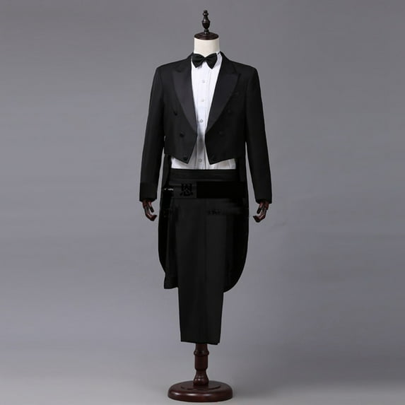 Leesechin Men's Dress Tuxedo Suit Performance Clothes Magician Stage Performance Clothes Four-piece Suit Black M