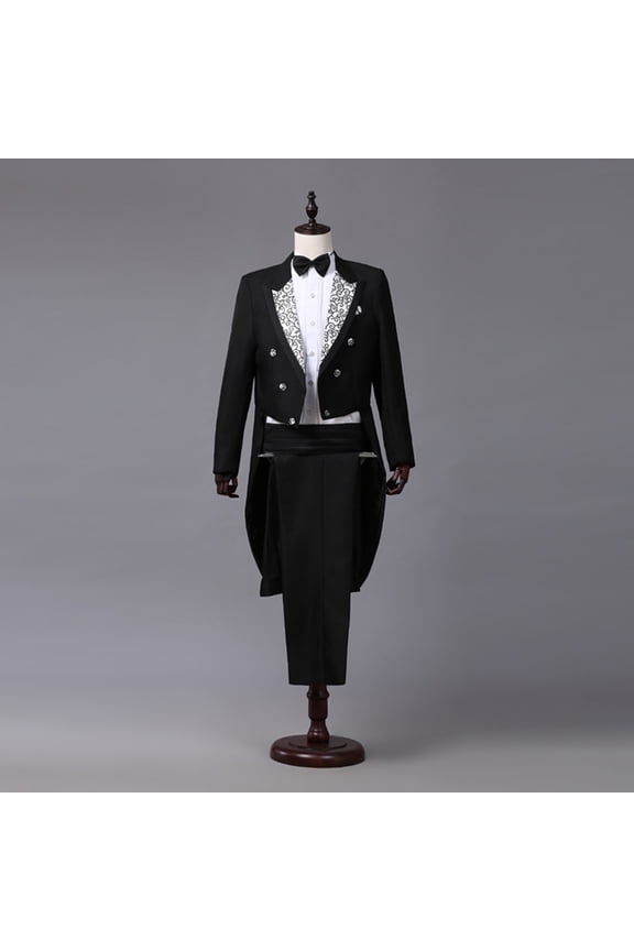 Leesechin Men's Dress Tuxedo Suit Performance Clothes Magician Stage Performance Clothes Four-piece Suit Black S