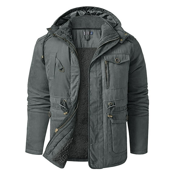 Leesechin Men's Fleece Extra Thick Stand Collar Long Sleeve Hooded Drawstring Pocket Button Open and Close Coat Long Sleeve Hooded Casual Outwear & Jackets