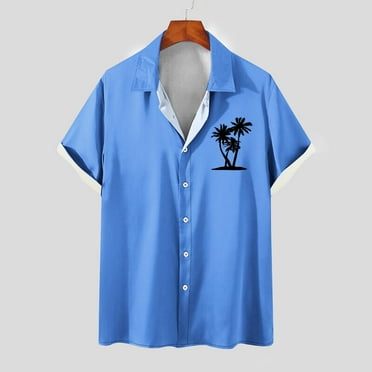 Leesechin Men's Geo Print Button Down Shirts Short Sleeve Collar Tops Blue 2XL