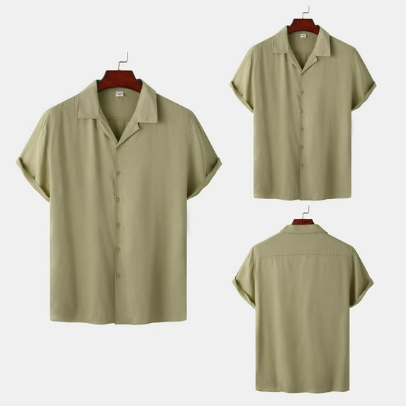 Leesechin Men's Hawaiian Solid Color Shirts Short Sleeve Button Down Tropical Summer Beach Shirts Army Green 2XL