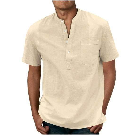 Leesechin Men's Linen Henley Shirts Short Sleeve Casual Banded Collar Shirt Summer Beach Hippie T Shirts